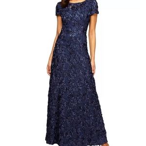 Alex Evenings Navy Blue Rosette A-Line Gown Dress 16